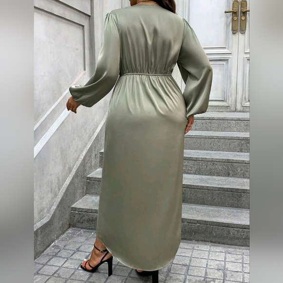 New Draped Wrap Front Lantern Long Sleeve Dress Satin PLUS Light Green - Picture 3 of 7